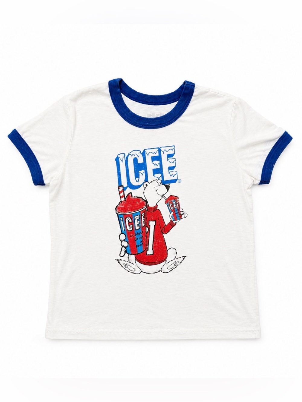Ice White Ringer Tee with Blue Trim and Red Graphic